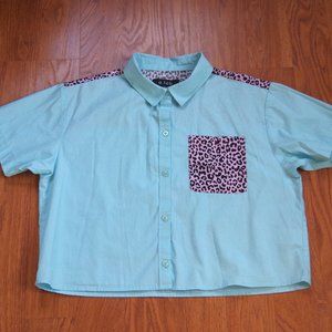 Pink and blue leopard print button-down short-sleeved a.lab pocket shirt M